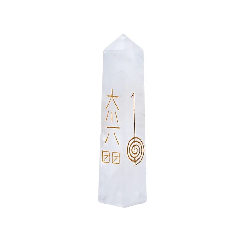 Obelisco de Quartzo branco com símbolos do Reiki