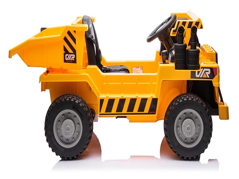 Werkvoertuig met bak, 12 volt elektrische kinderauto, 4 motoren, rubberen banden en kunstleder zitje!