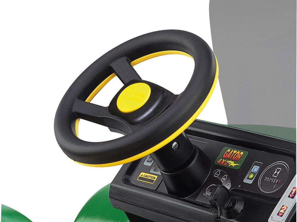John Deere 12 volt elektrische kinder tractor met werkende graafarm en kantel bak duits engels frans vertaling