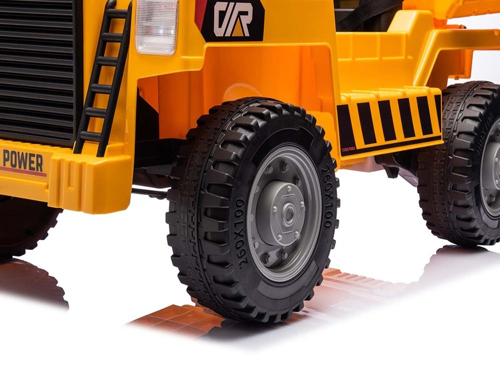 Werkvoertuig met bak, 12 volt elektrische kinderauto, 4 motoren, rubberen banden en kunstleder zitje!