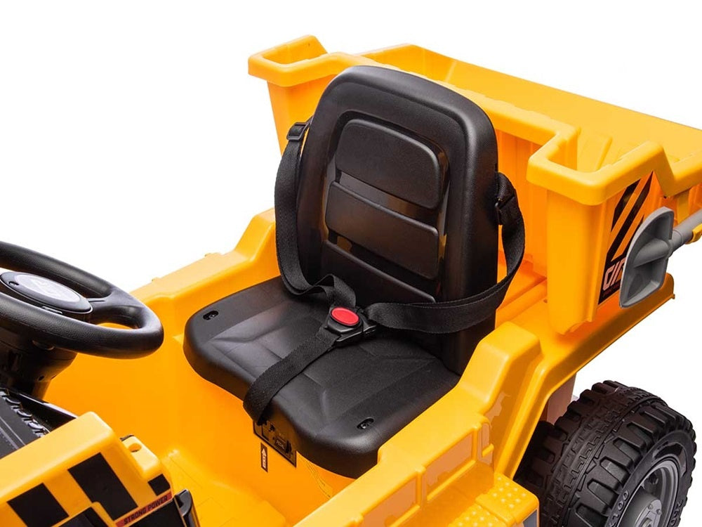 Werkvoertuig met bak, 12 volt elektrische kinderauto, 4 motoren, rubberen banden en kunstleder zitje!