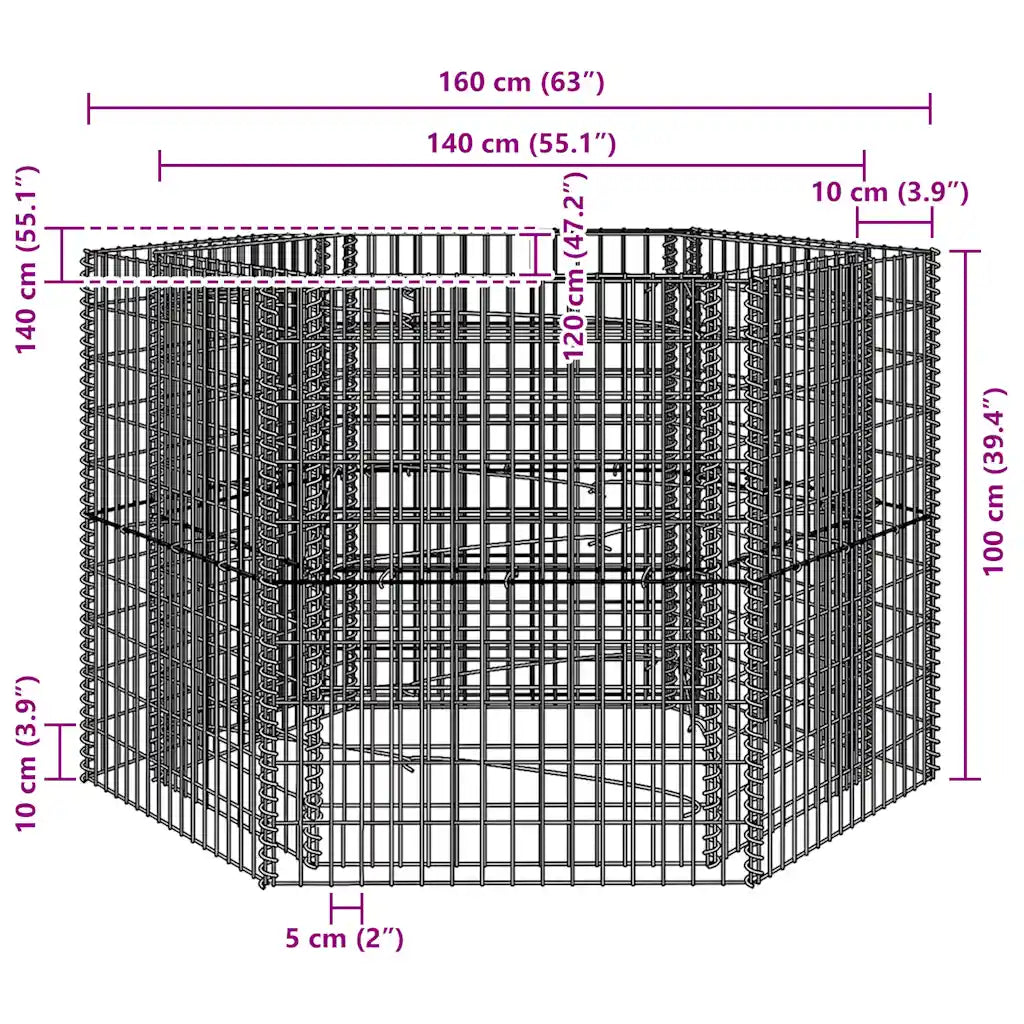 Canteiro elevado/cesto gabião hexagonal 160x140x100 cm