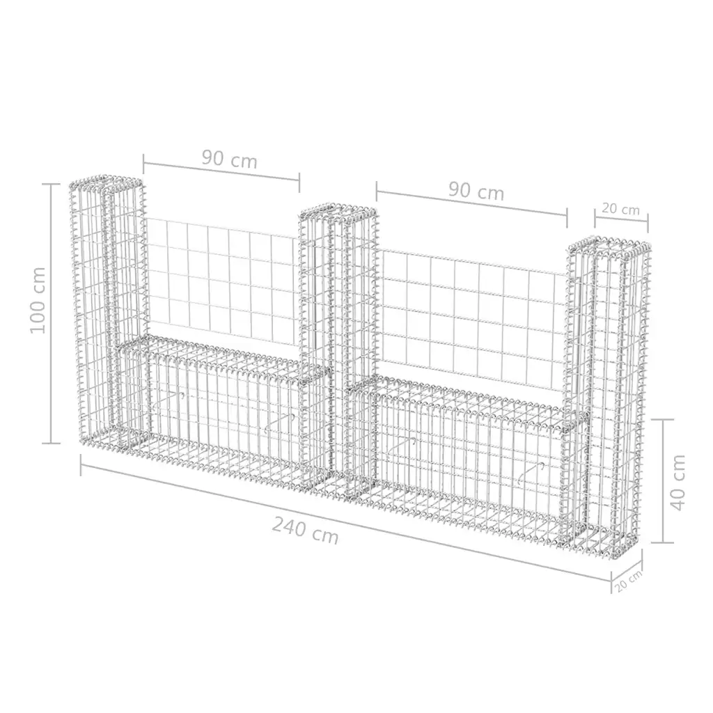 Cesto gabião em forma de U aço galvanizado 240x20x100 cm