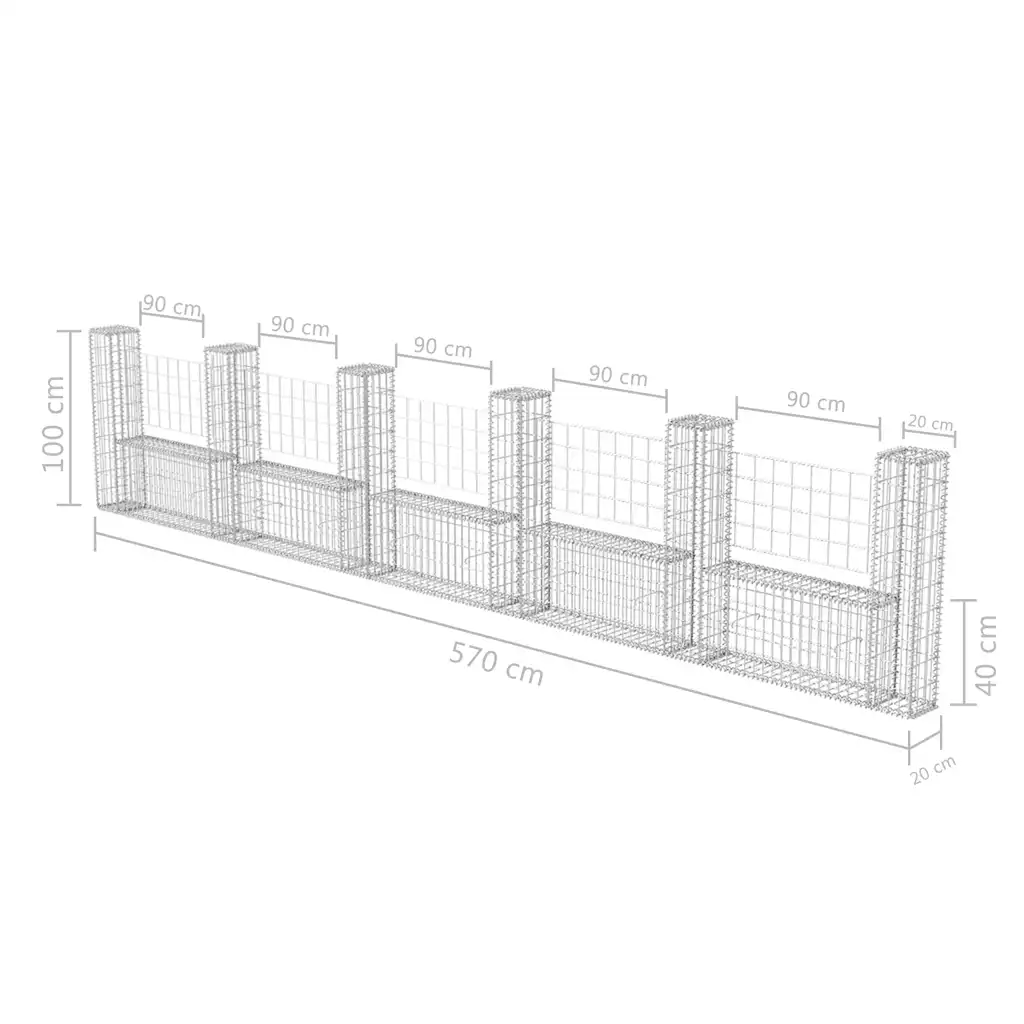 Cesto gabião em forma de U aço galvanizado 570x20x100 cm
