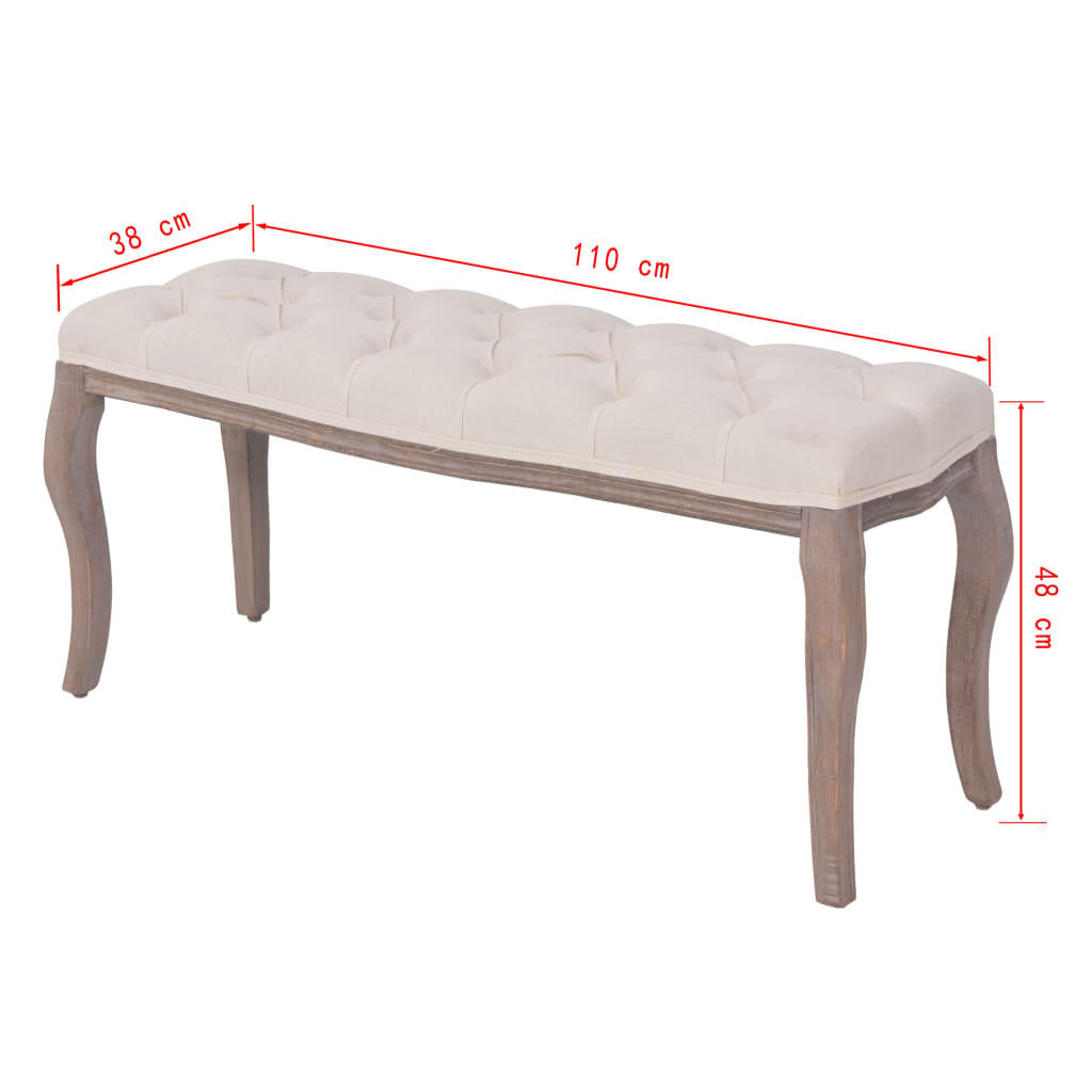 vidaXL Banco em linho e madeira maciça 110x38x48 cm branco nata
