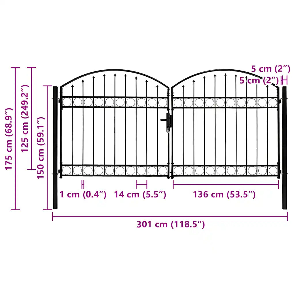 Portão de cerca ASSEN Porta dupla com topo arqueado em aço 300x125 cm
