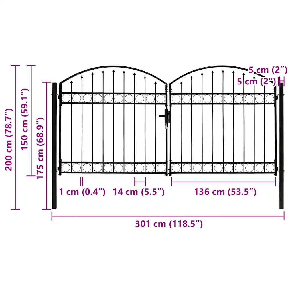 Portão de cerca ASSEN Porta dupla com topo arqueado em aço 300x150 cm