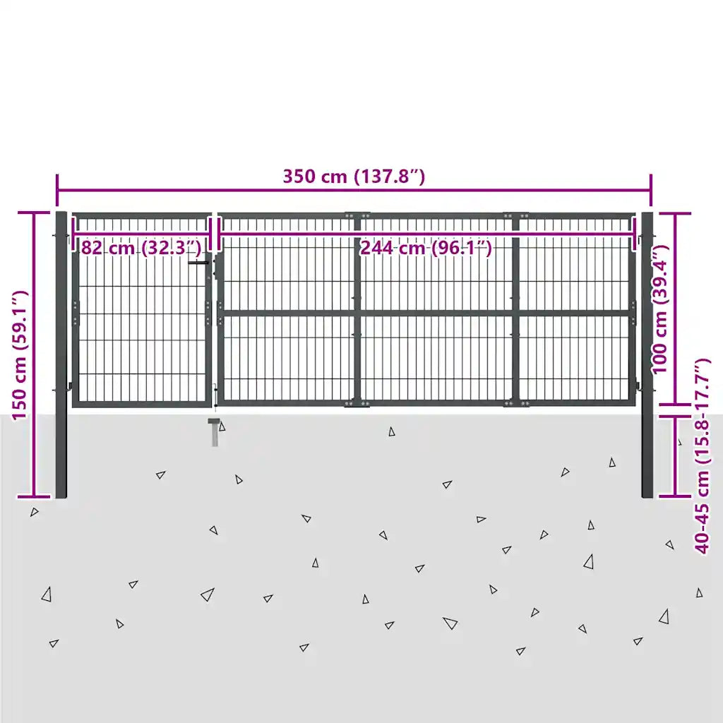 Portão de jardim com postes em aço 350x100 cm .