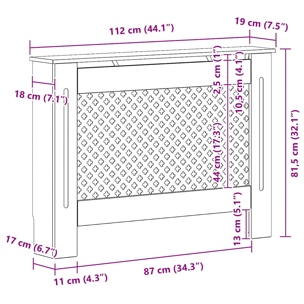 vidaXL Cobertura de radiador 112x19x81,5 cm MDF branco