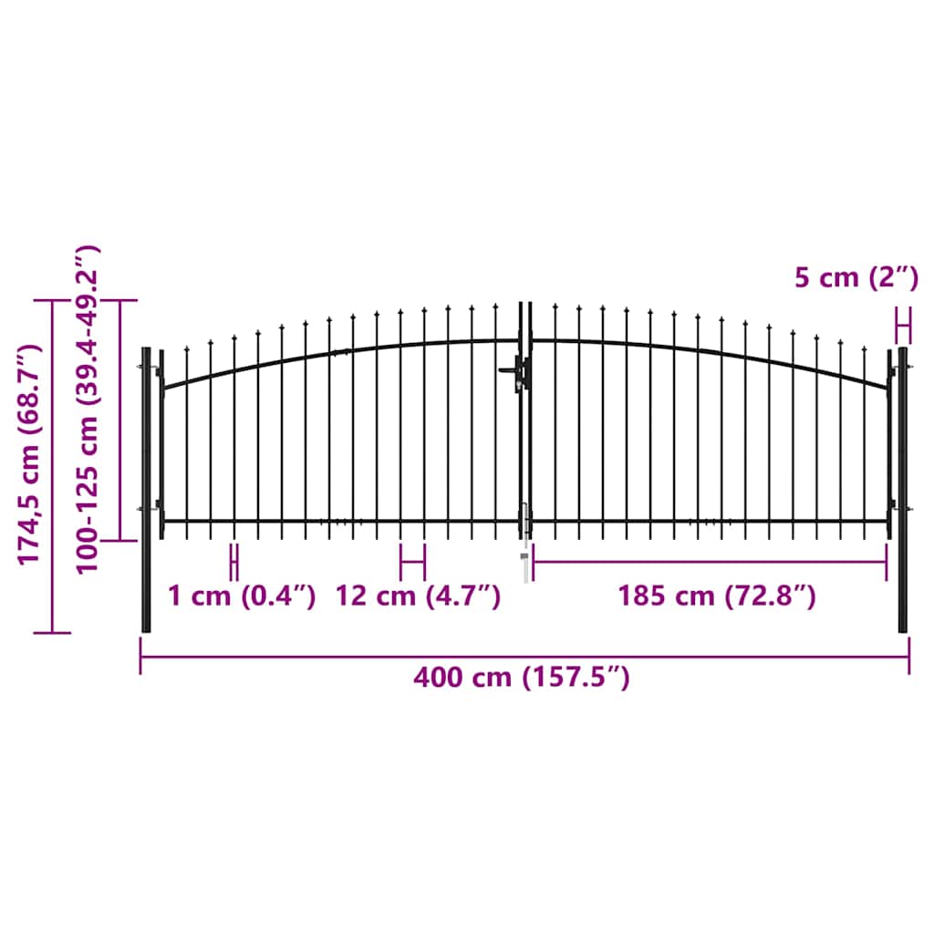 vidaXL Portão de cerca com porta dupla e topo em lanças 400x175 cm