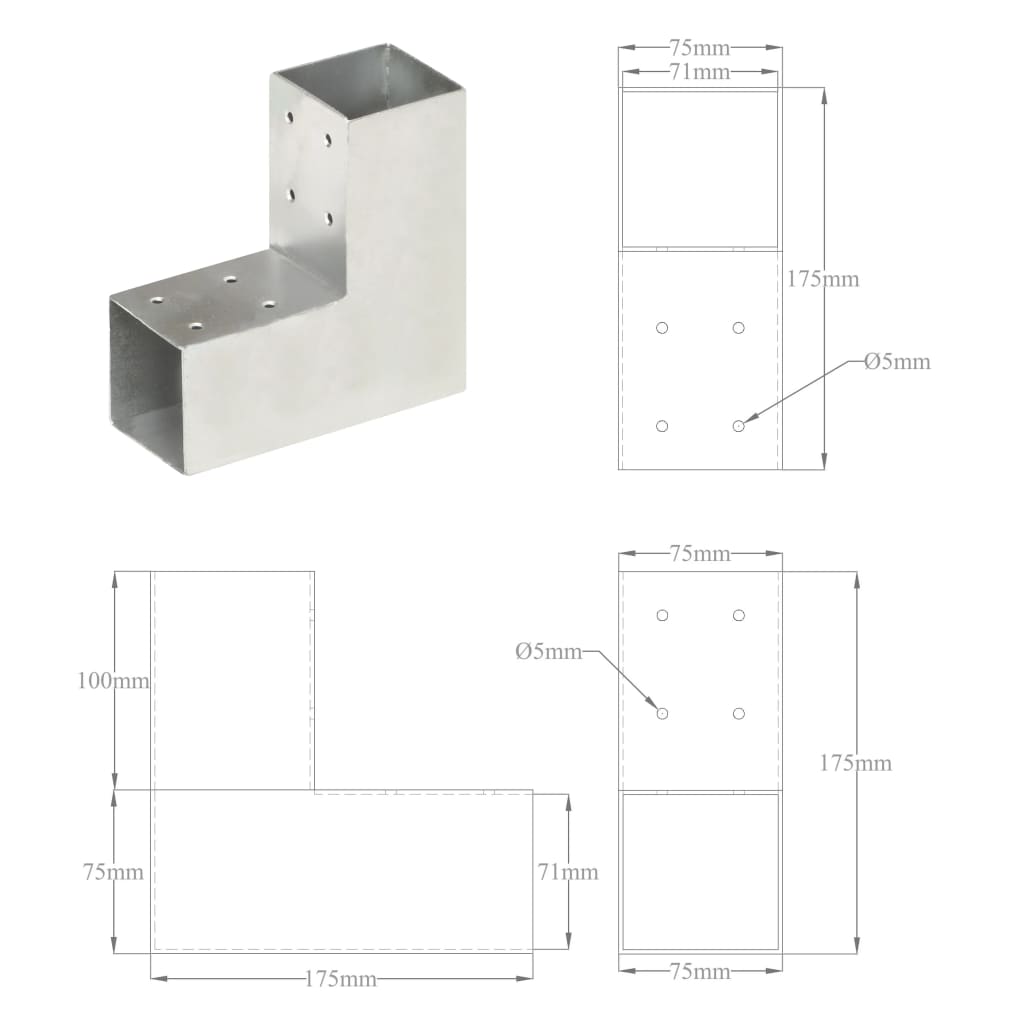 vidaXL Base para poste em forma de L 71x71 mm metal galvanizado