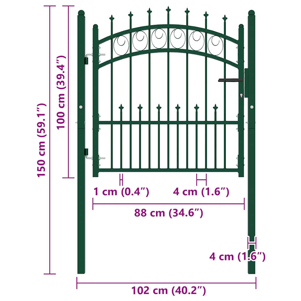 vidaXL Portão para cerca com espetos 100x100 cm aço verde