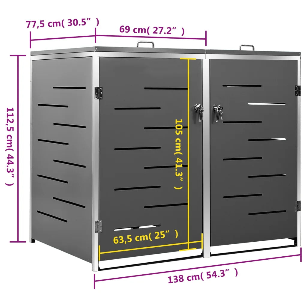 Abrigo duplo para caixote do lixo 138x77,5x112,5 cm aço inox