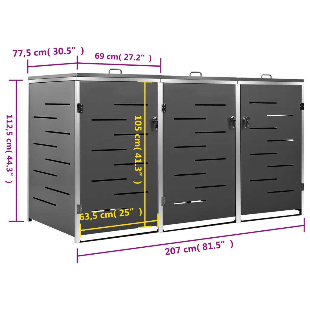 Abrigo triplo para caixotes do lixo 207x77,5x112,5 cm aço inox