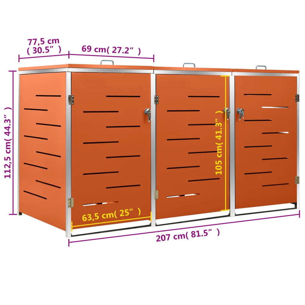 Abrigo triplo para caixotes do lixo 207x77,5x112,5 cm aço inox