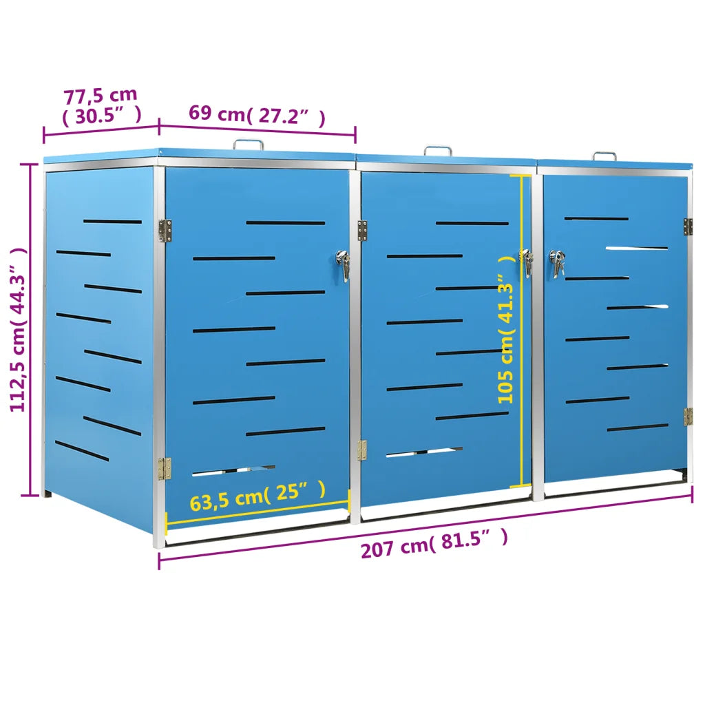 Abrigo triplo para caixotes do lixo 207x77,5x112,5 cm aço inox