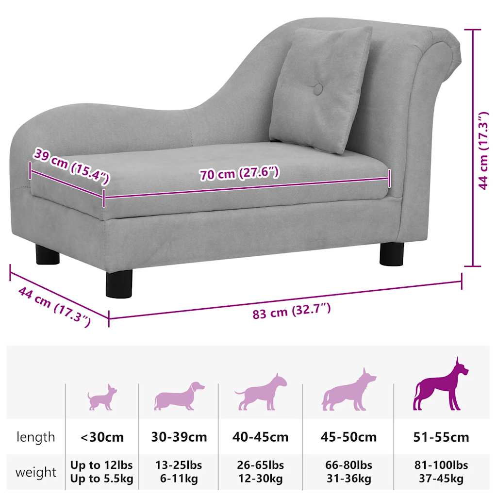 vidaXL Sofá para cães com almofada 83x44x44 cm pelúcia cinzento