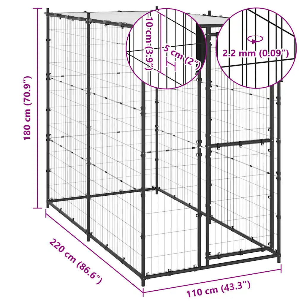 Canil de exterior com telhado 110x220x180 cm aço