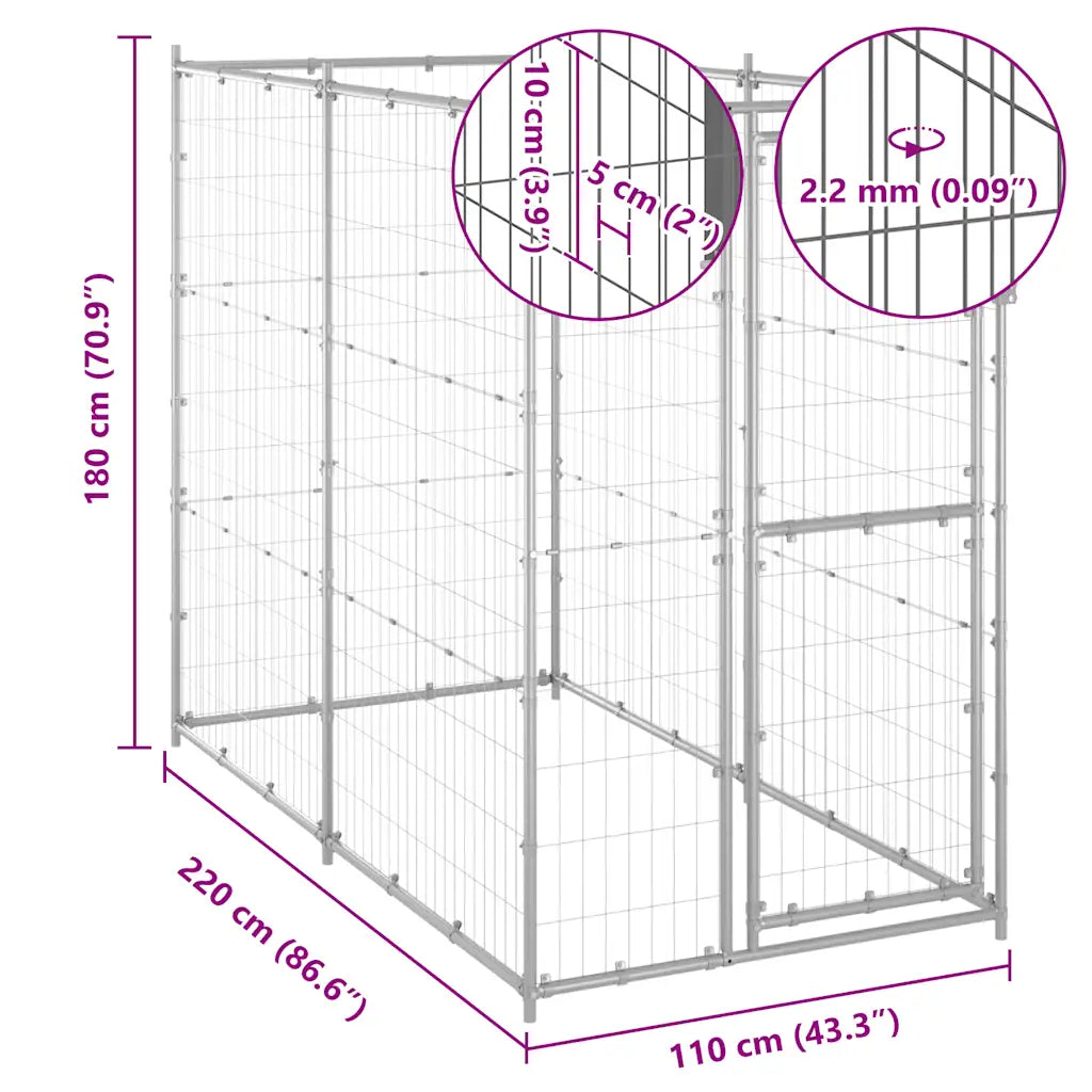 Canil de exterior 110x220x180 cm aço galvanizado