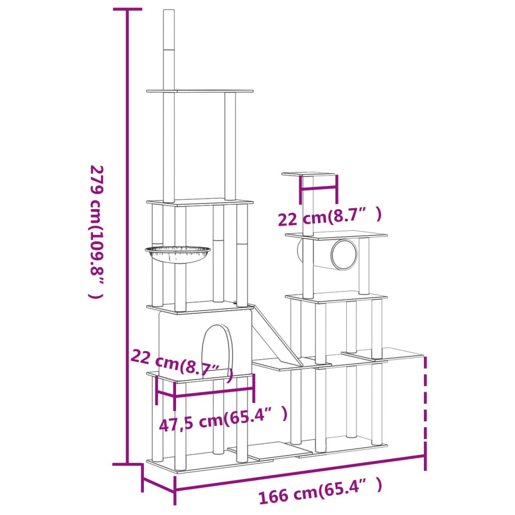 vidaXL Árvore p/ gatos c/ postes arranhadores sisal 279cm cinza-escuro