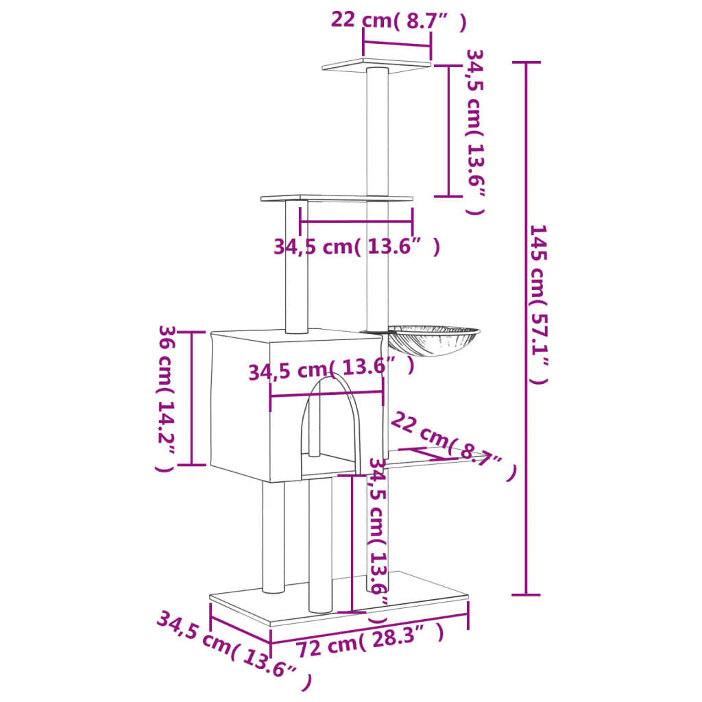 vidaXL Árvore p/ gatos c/ postes arranhadores sisal 145 cm cinza-claro