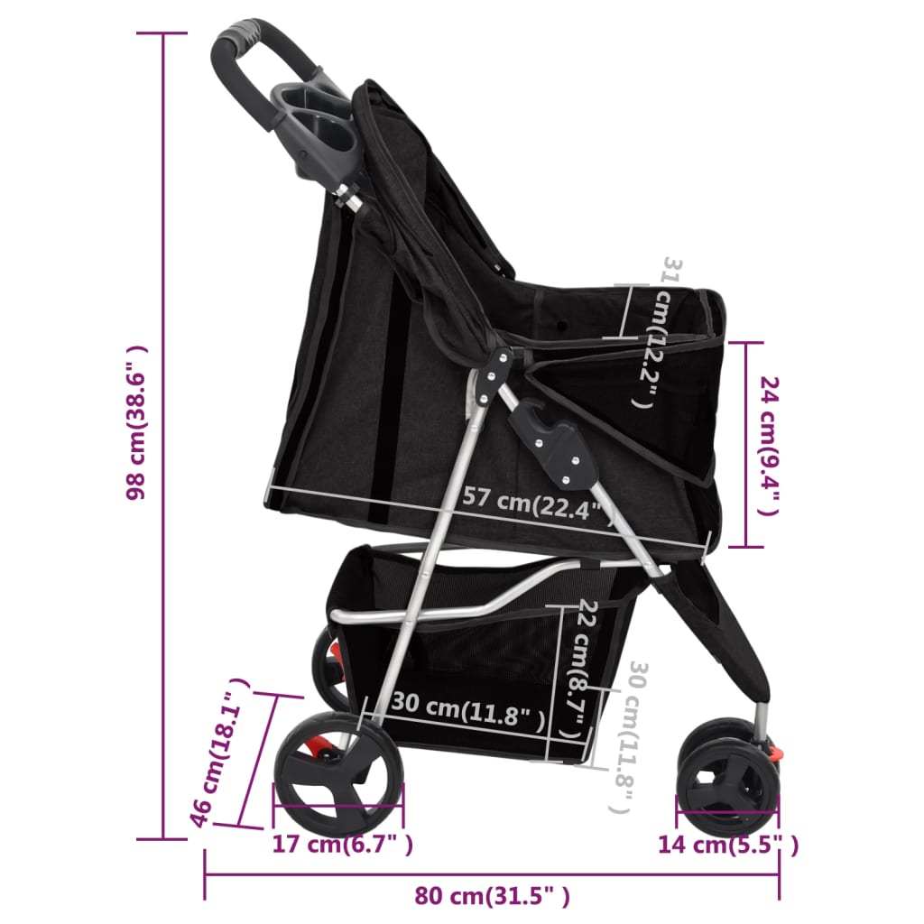 vidaXL Carrinho dobrável para cães 80x46x98 cm tecido oxford preto
