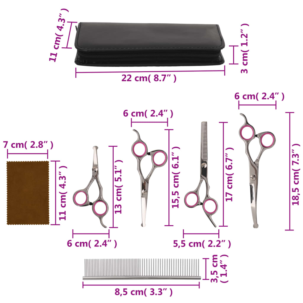 vidaXL 5 pcs conjunto de tesouras de tosquia para cães aço inoxidável