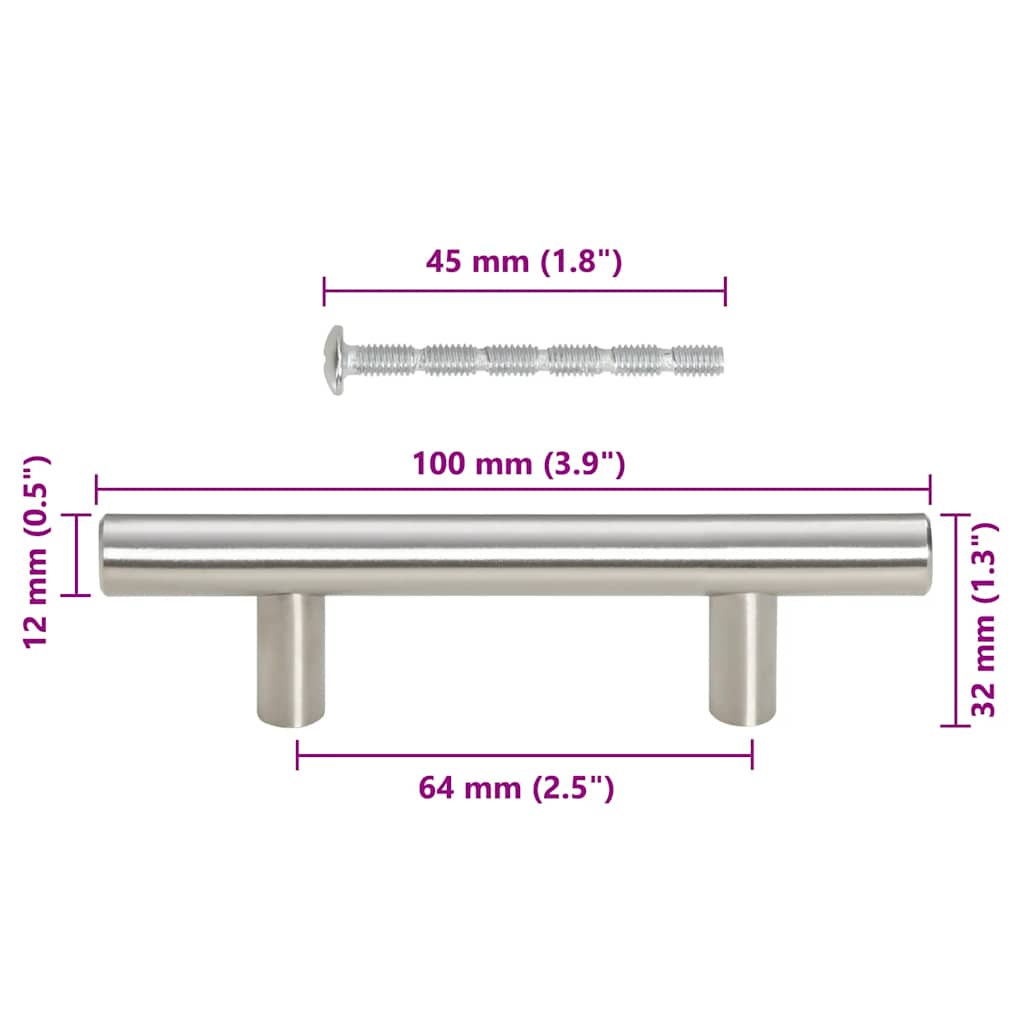 vidaXL Puxadores para móveis 10 pcs 64 mm aço inoxidável prateado