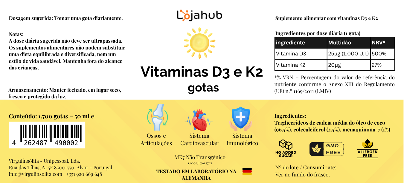 Vitamina D3 + K2 - 1.700 gotas (1.000 UI) - 50 ml