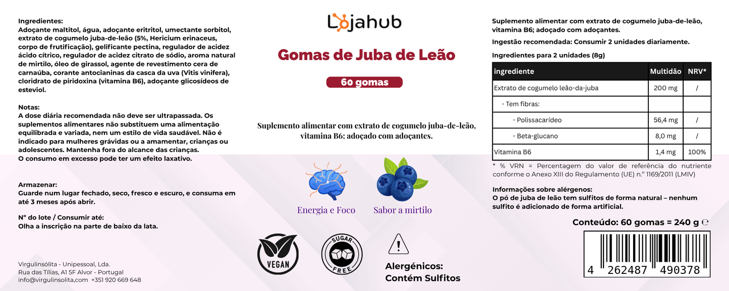 Gomas de Cogumelo Juba de Leão + Vitamina B6 - 60 unidades
