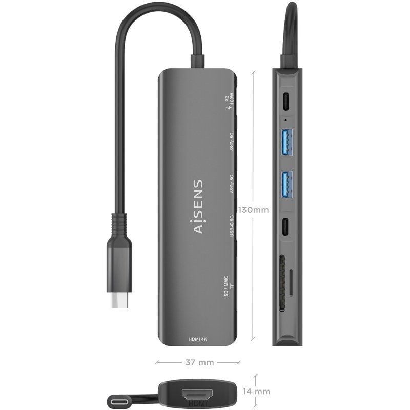 Base de Ligação USB Tipo C Aisens Asuc-7p026-gr / 1xhdmi / 2xusb / 1xusb Tipo C / 1xusb Tipo C PD /…
