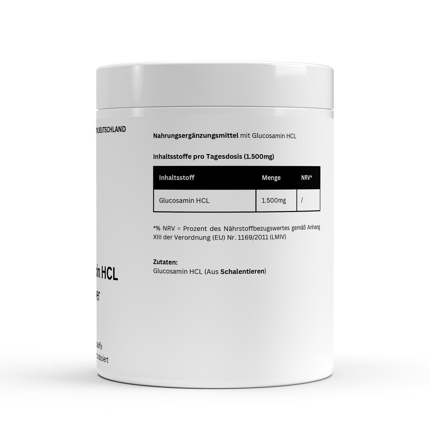 Frasco branco de glucosamina em pó 1000g da ChanceToBrand com informações nutricionais em alemão