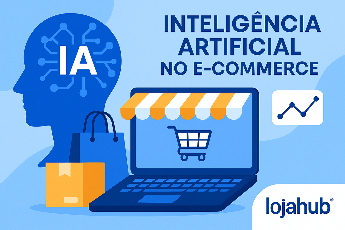Imagem destacando a inteligência artificial no e-commerce com computador, sacolas e gráficos
