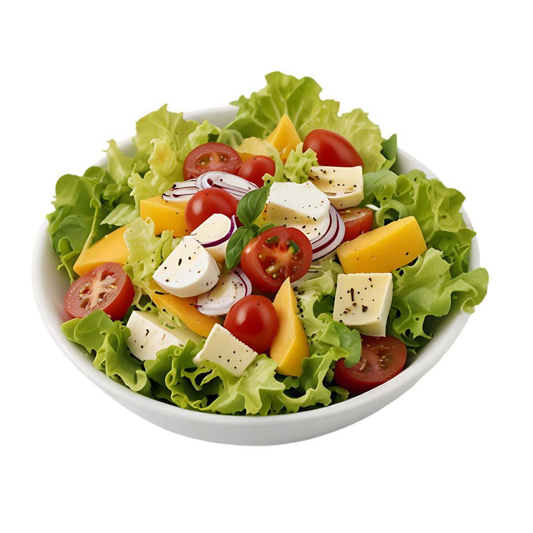 Salada de ananás e queijo fresco, com alface, tomates e outros vegetais frescos em uma tigela