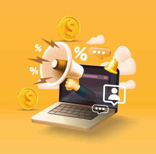 Ilustração de laptop com megafone anunciando dicas sobre como ser afiliado de sucesso no marketing digital