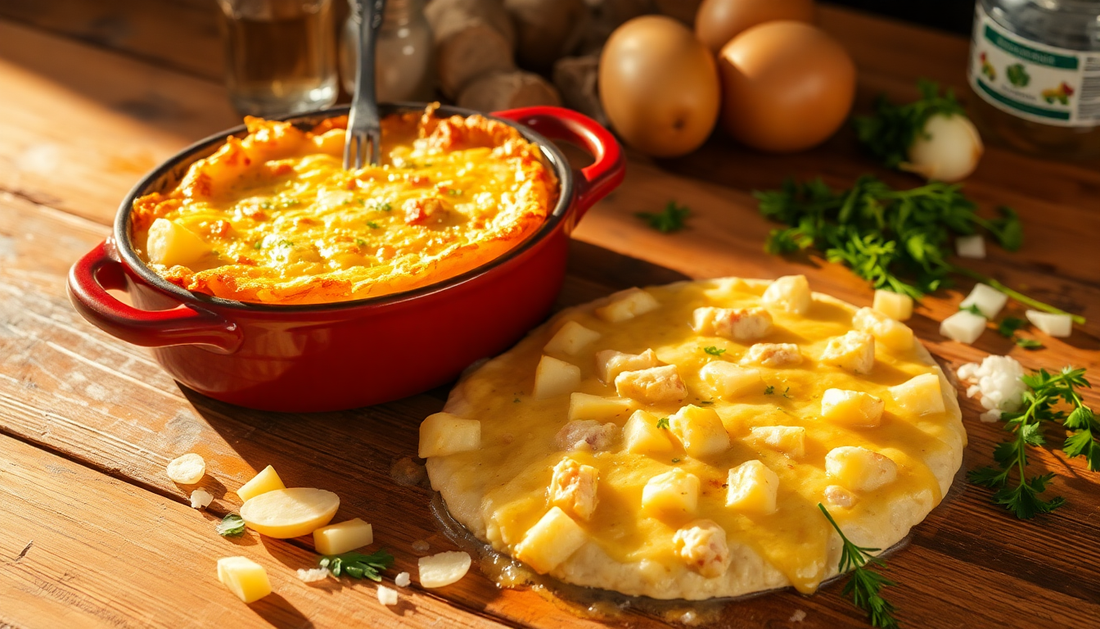 Receita de bacalhau com natas fácil mostrando prato cremoso e assado em panela vermelha
