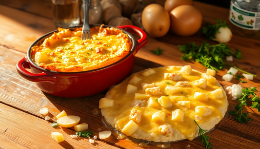 Receita de bacalhau com natas fácil mostrando prato cremoso e assado em panela vermelha