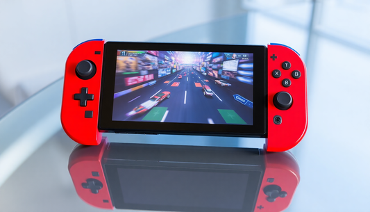 Nintendo Switch com jogo de corrida na tela refletida sobre superfície de vidro dicas engraçadas para Nintendo Switch