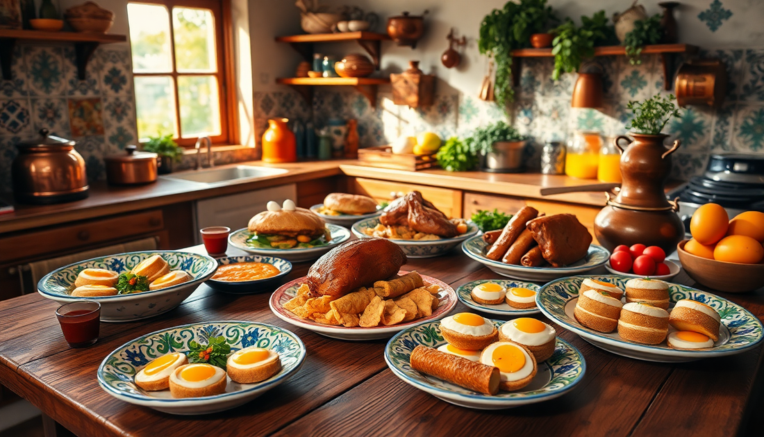 Mesa rústica com pratos variados de receitas típicas portuguesas de páscoa em cozinha tradicional