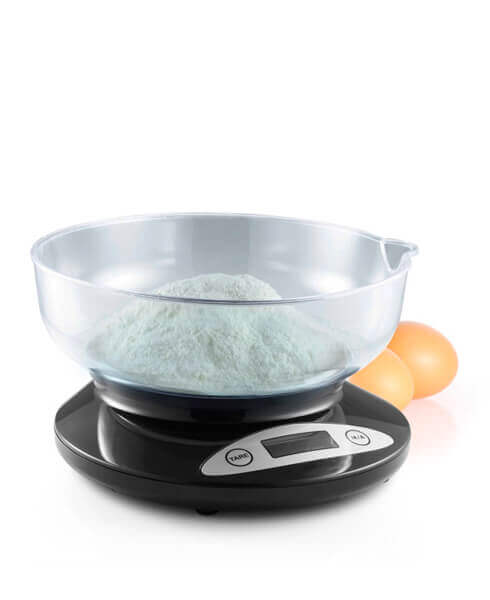 Balança de cozinha digital com tigela transparente e ovos, ideal para comprar balança de cozinha online