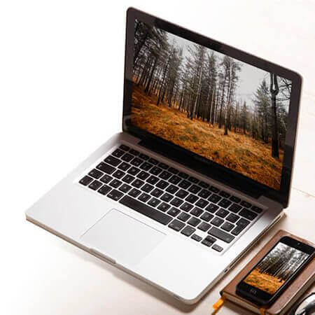 Laptop e smartphone prontos para uso com imagem de floresta, tecnologia disponível em loja de informática e eletrónica