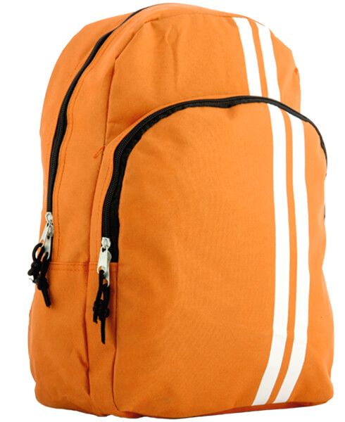 Mochila laranja com duas listras brancas, ideal para comprar mochila escolar online com praticidade e estilo