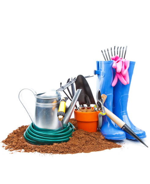 Kit de ferramentas essenciais de jardinagem com regador, luvas, botas azuis e acessórios em terra para loja de produtos para jardinagem