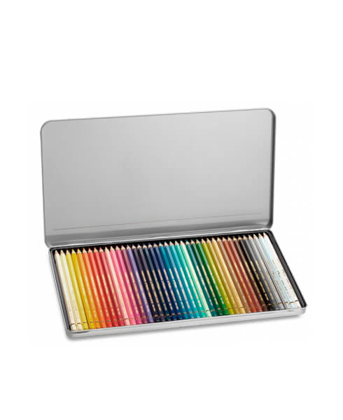 Conjunto de lápis de cor para adultos e crianças com várias cores organizadas em estojo metálico aberto
