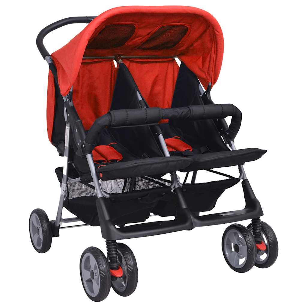 vidaXL Carrinho de bebé para gémeos, aço vermelho e preto