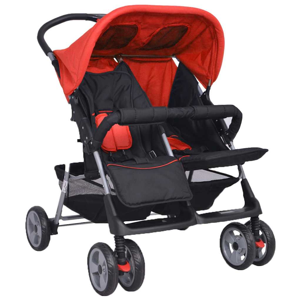 vidaXL Carrinho de bebé para gémeos, aço vermelho e preto