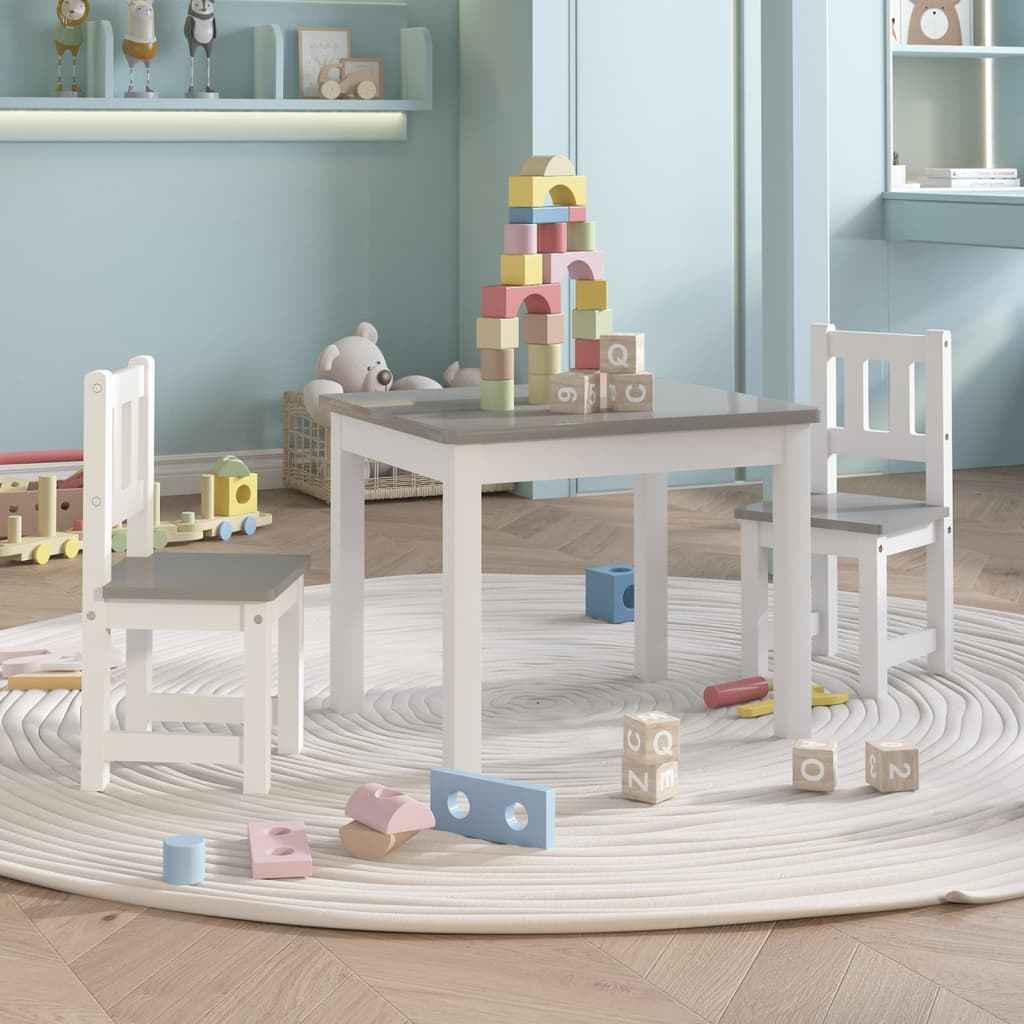 vidaXL 3 pcs conjunto mesa e cadeiras infantil MDF branco e cinzento
