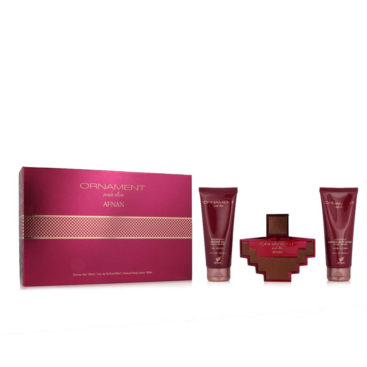 AFNAN ORNAMENT PURPLE ALLURE EAU DE PARFUM 100ML + GEL DE BAÑO 100ML + LOCION CORPORAL PERFUMADA 100ML