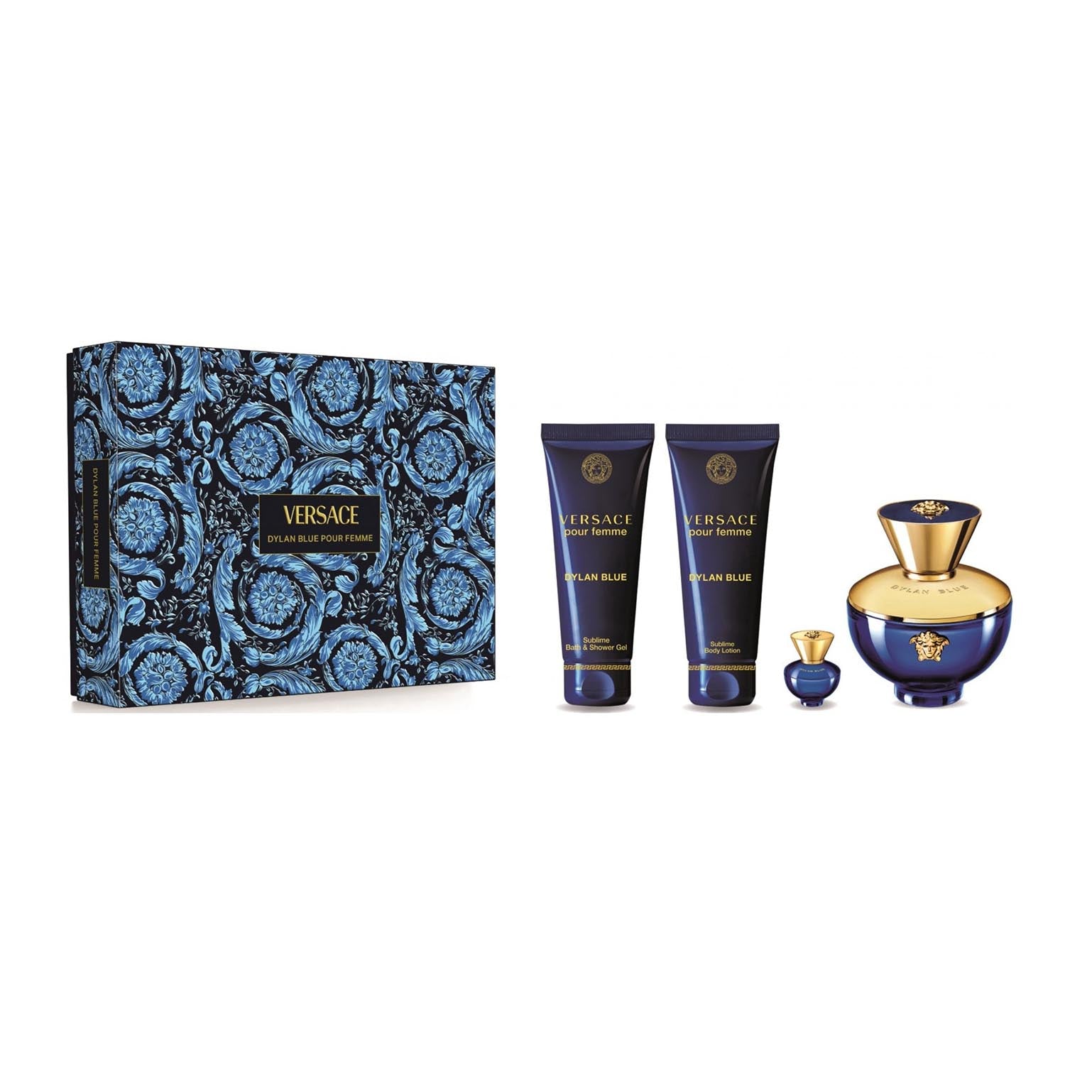VERSACE DYLAN BLUE POUR FEMME EAU DE PARFUM 100ML + LOCION CORPORAL PERFUMADA 1U + GEL DE BAÑO 1U + MINIATURA 1U