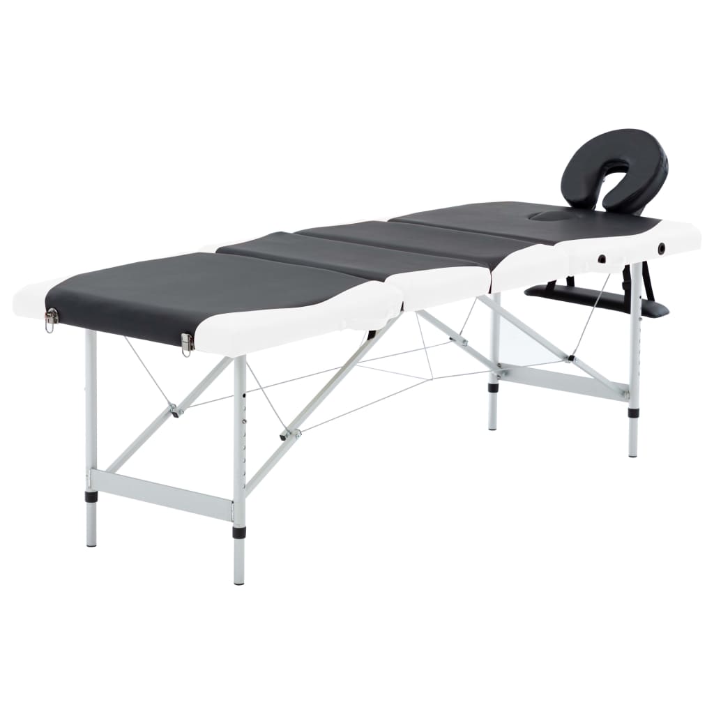 vidaXL Mesa de massagem dobrável 4 zonas alumínio preto e branco
